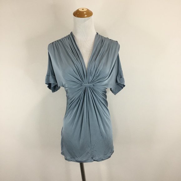 BCBGMAXAZRIA Shiny Stretch Slate Blue Knot Front V Neck Flutter Sleeve Shirt - Picture 4 of 12